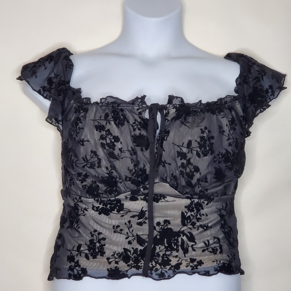 Black Floral Lace Mesh Milkmaid Top Plus Size 2XL Ruffle Flutter Sleeve Coquette